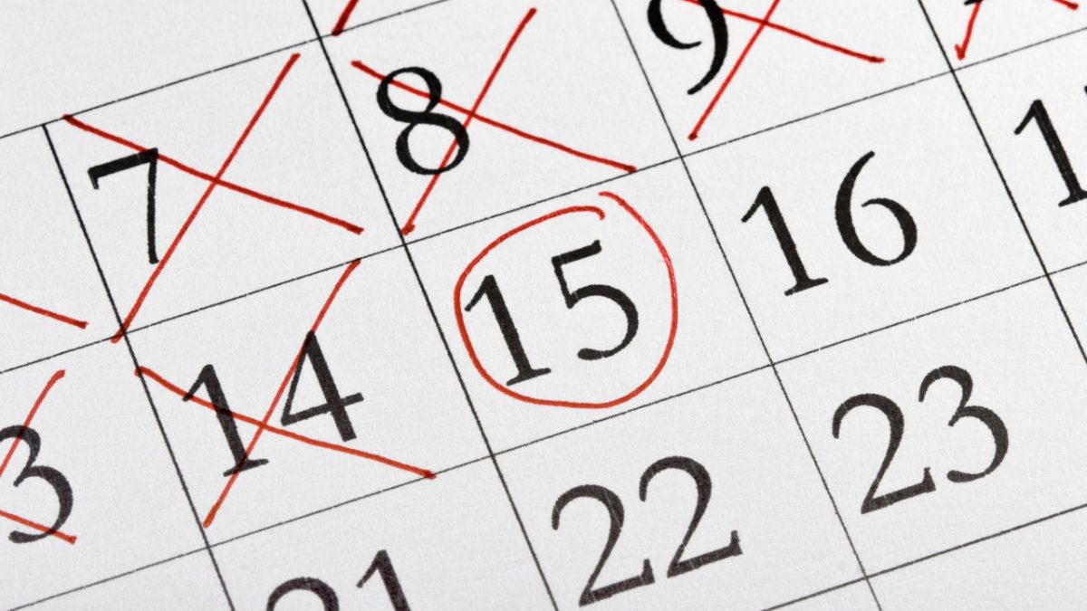 Calendar with red X's over dates leading up to a red circle over the 15th.
