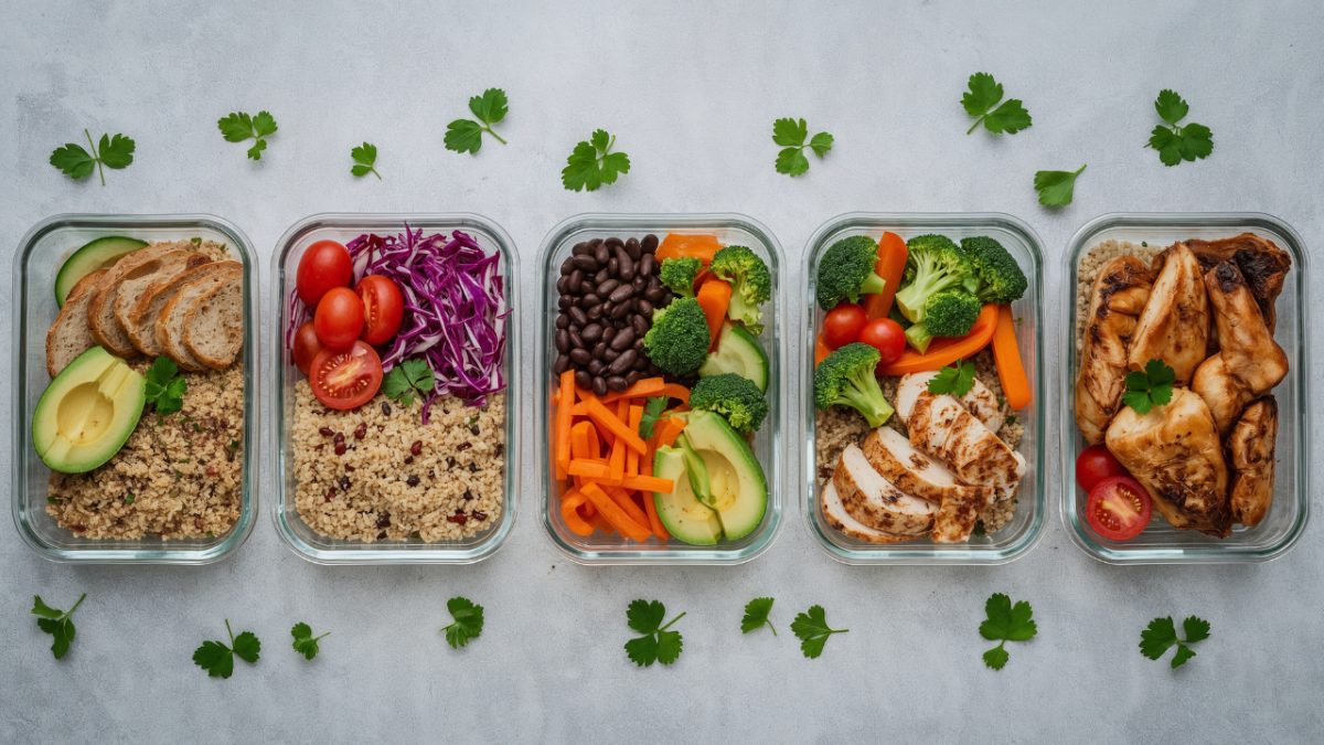 5 meal prep containers in a straight line, filled with a variety of healthy whole foods, surrounded by small bits of parsley