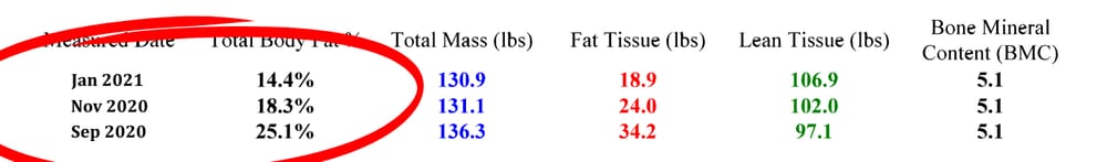 DXA scan results table, Sep 2020 – Jan 2021: body fat 25.1% to 14.4%