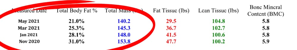DXA scan results table, Nov 2020 – Jun 2021: body fat 31.0% to 18.6%