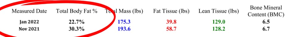 DXA scan results table, Nov 2021 – Jan 2022: body fat 30.3% to 22.7%