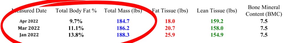 DXA scan results table, Jan – Apr 2022: body fat 13.8% to 9.7%