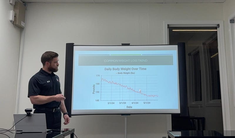 Kevin walking an audience through a chart of daily body weight over time